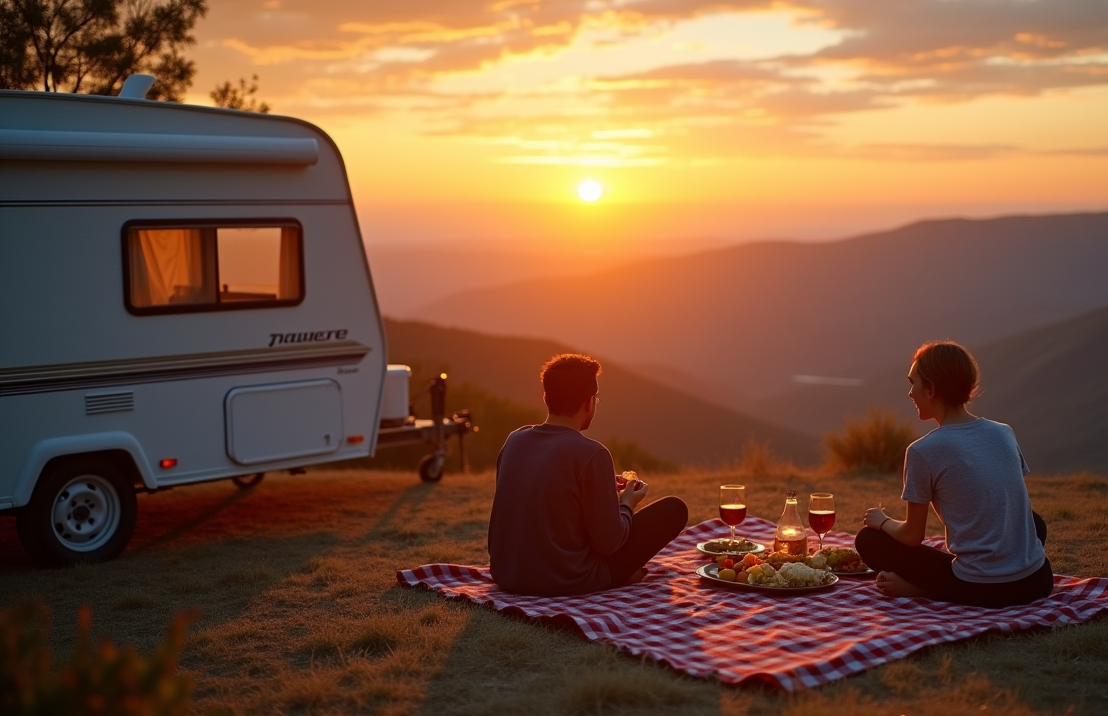 Eine romantische Picknick auf einem Campingplatz mit Blick auf die Hügel mit einer gemieteten Wohnwagen im Hintergrund