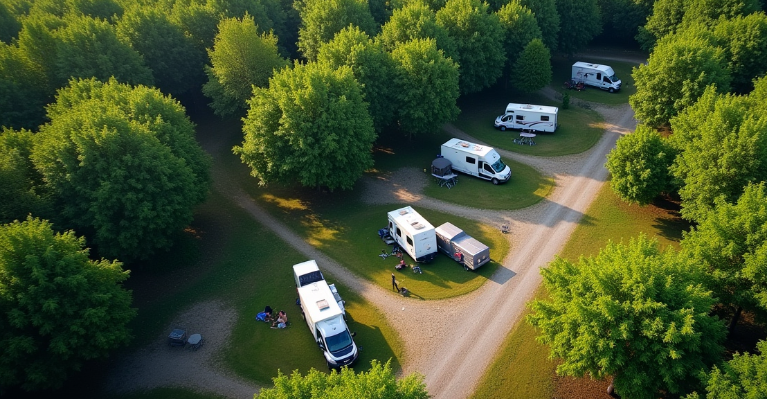 Luftaufnahme eines Campingplatzes mit mehreren Wohnmobilen, die auf grünen Rasenflächen stehen. Bäume säumen den Platz.