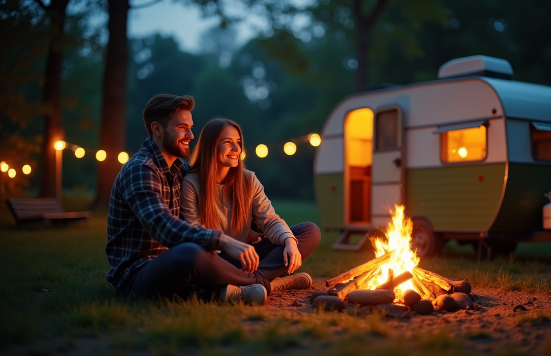 Romantischer Abend am Lagerfeuer - mit deinem gemieteten Caravan.