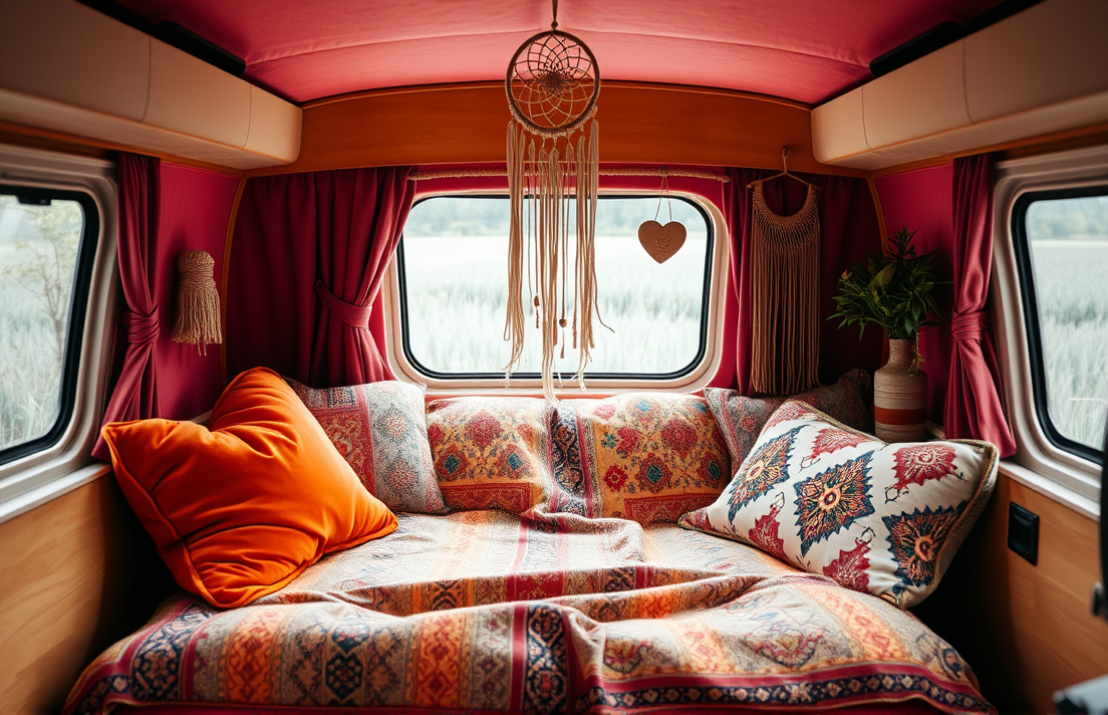 Eine coole und aufgemotzte Wohnwagen mit Kissen und Deko im bohemian Stil