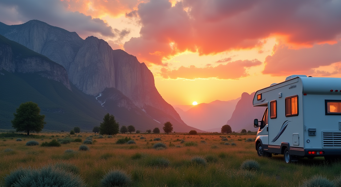 Camper mit Stellplatz mit Blick auf die Berge