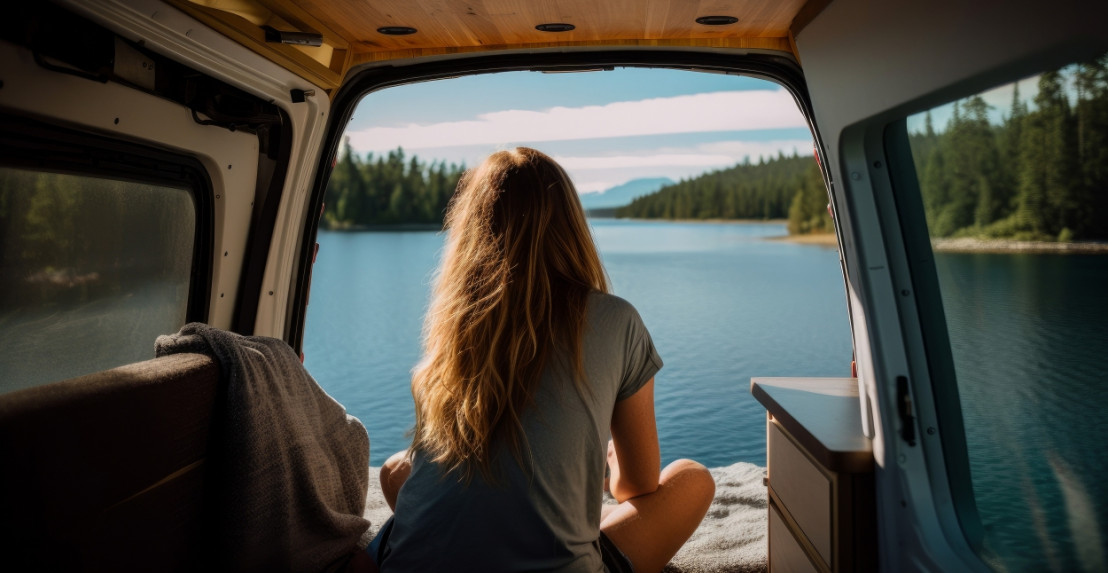 Frau sitzt am offenen Heck eines Campers und blickt auf einen ruhigen See, umgeben von Wald.