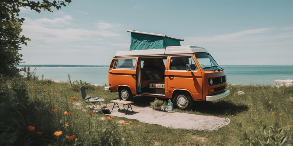 Ein älteres Campermobil auf einem Campingplatz mit Blick auf das Meer