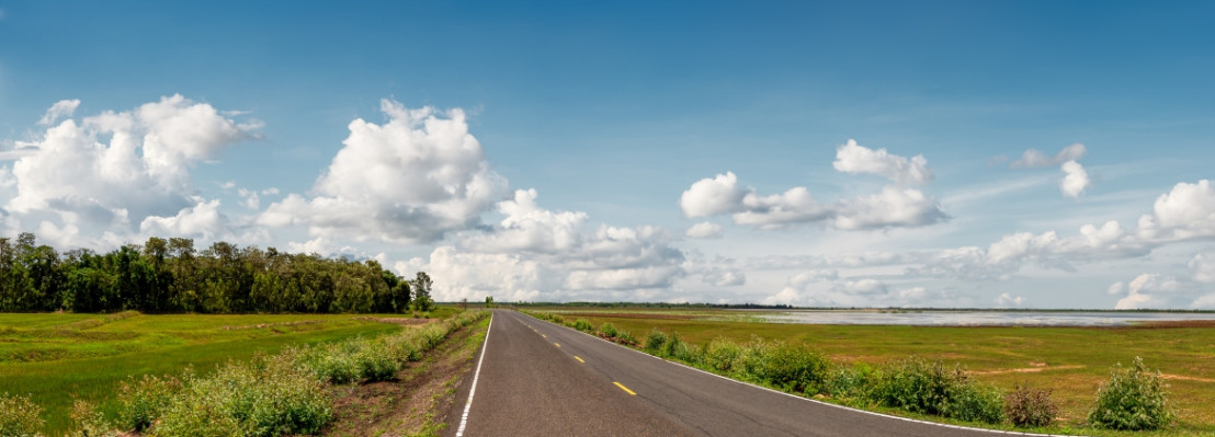 Typisch niederländische Landschaft mit einem Weg durch das Flachland.