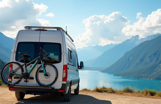 Weißer Van mit einem Fahrradträger und einem Mountainbike davor. Im Hintergrund eine atemberaubende Berglandschaft mit einem blauen See